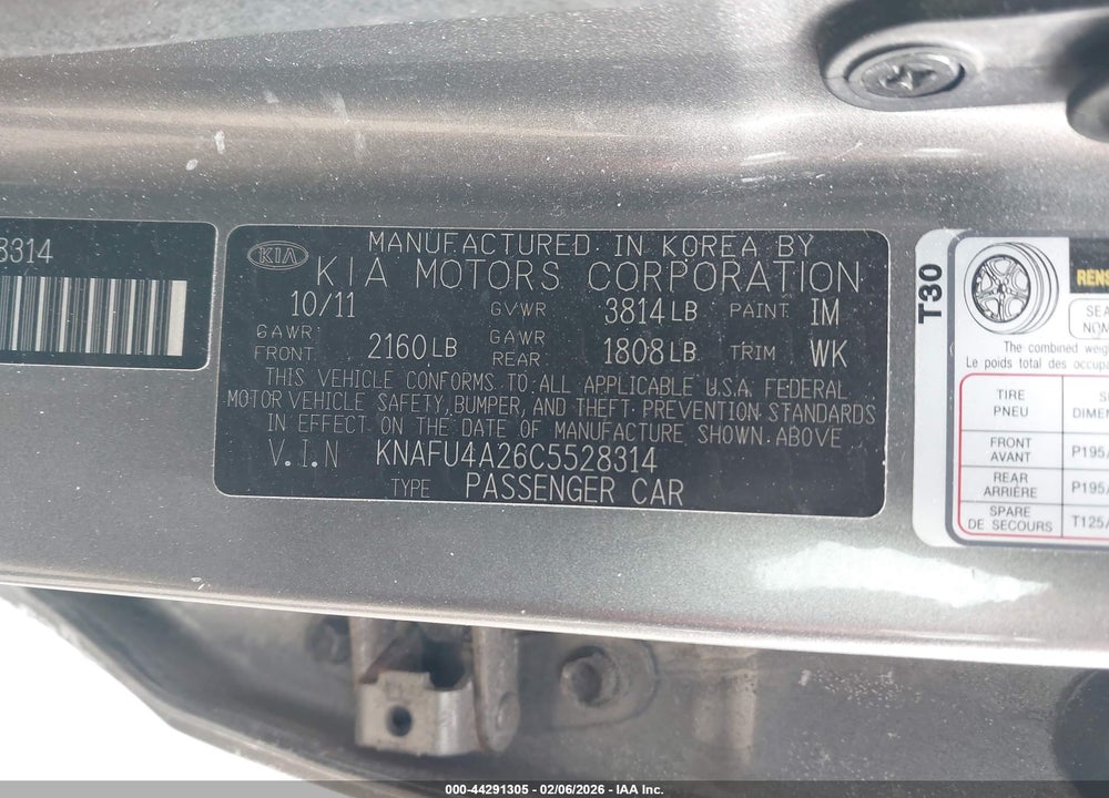 2012 KIA FORTE EX VIN: KNAFU4A26C5528314