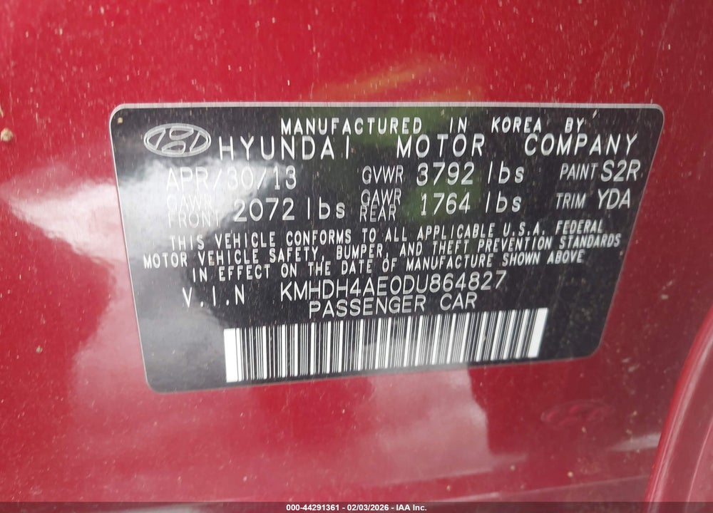2013 HYUNDAI ELANTRA LIMITED VIN: KMHDH4AE0DU864827