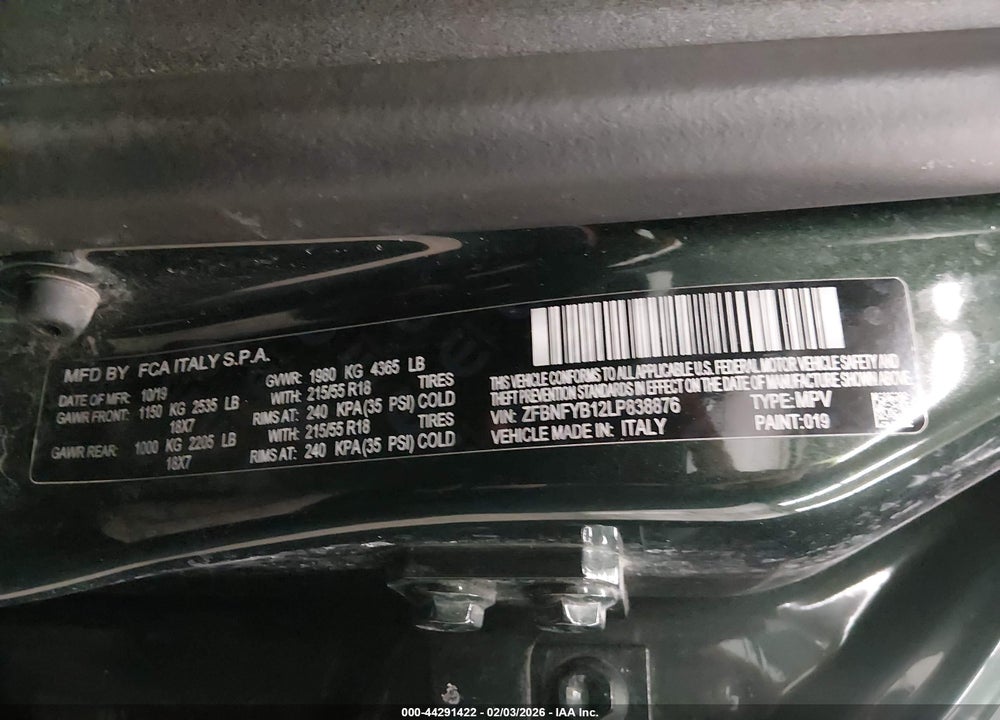 2020 FIAT 500X TREKKING AWD VIN: ZFBNFYB12LP838876