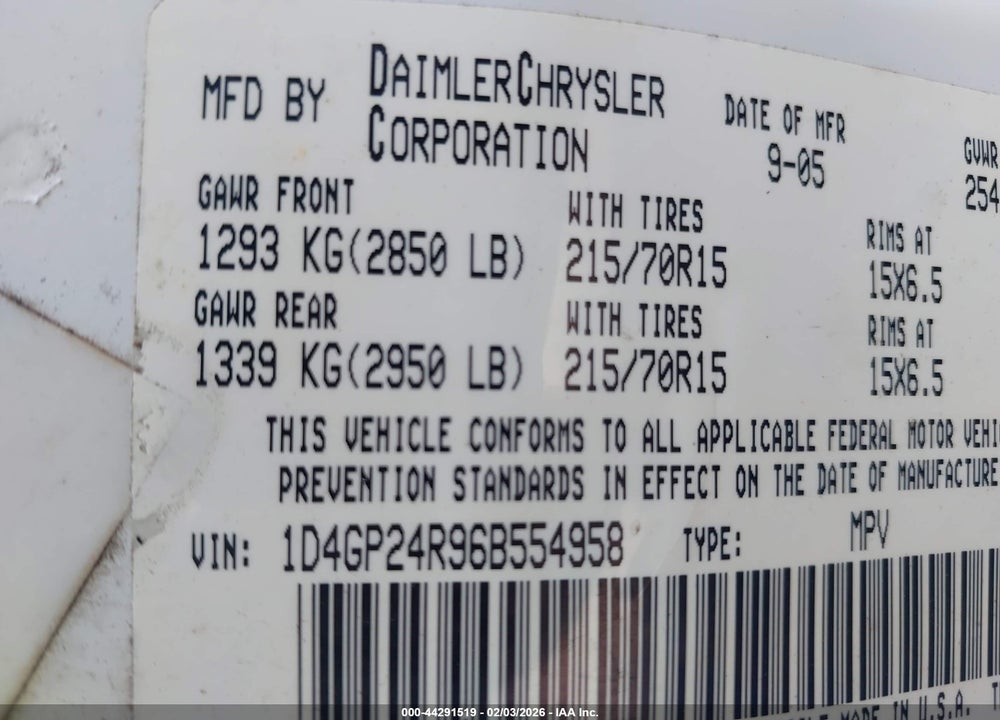 2006 DODGE GRAND CARAVAN SE VIN: 1D4GP24R96B554958
