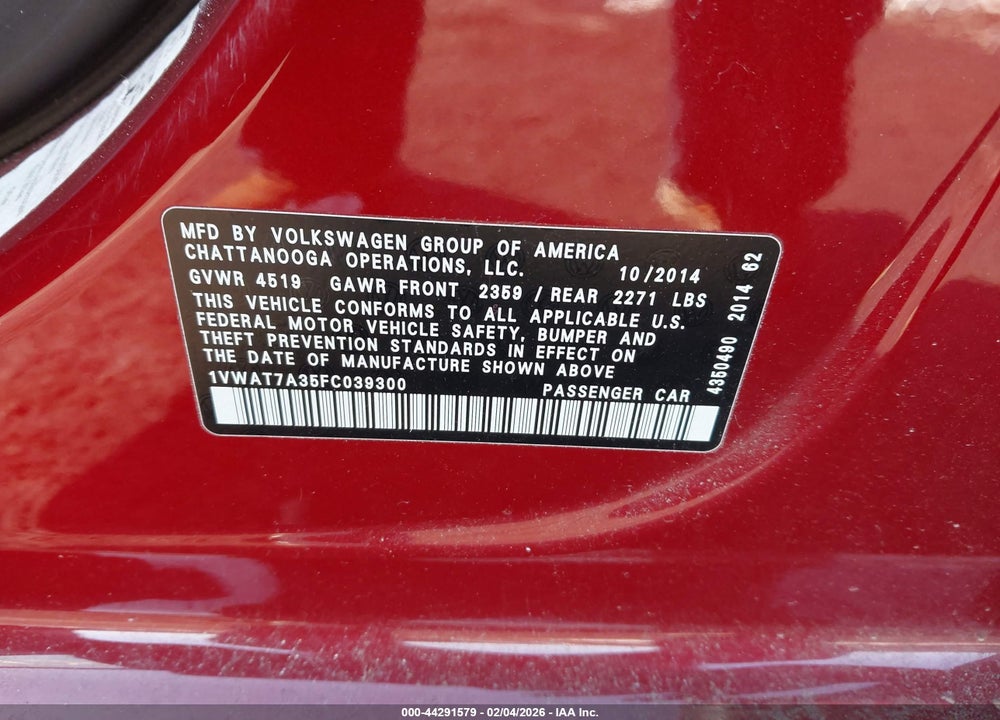 2015 VOLKSWAGEN PASSAT 1.8T WOLFSBURG EDITION VIN: 1VWAT7A35FC039300