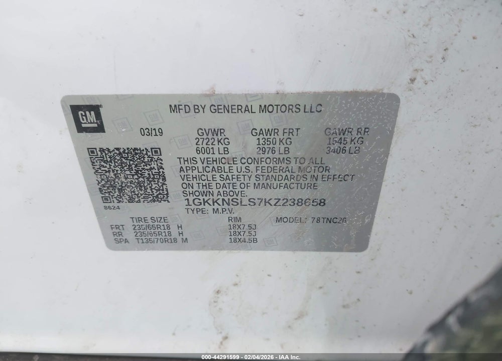 2019 GMC ACADIA SLE-2 VIN: 1GKKNSLS7KZ238658