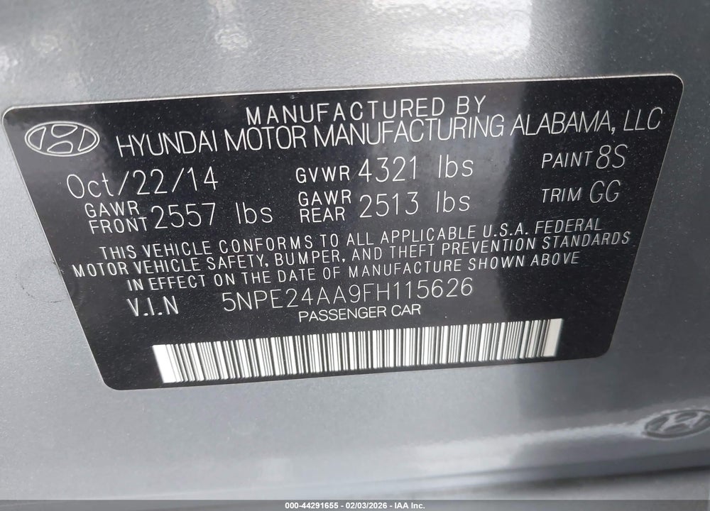2015 HYUNDAI SONATA ECO VIN: 5NPE24AA9FH115626