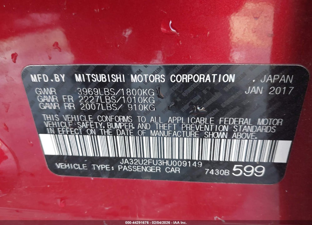 2017 MITSUBISHI LANCER ES/LE VIN: JA32U2FU3HU009149