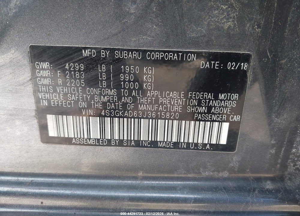 2018 SUBARU IMPREZA 2.0I PREMIUM VIN: 4S3GKAD63J3615820
