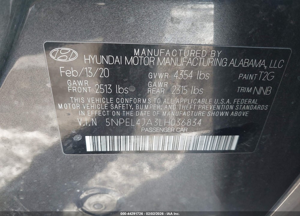2020 HYUNDAI SONATA SEL VIN: 5NPEL4JA3LH036834