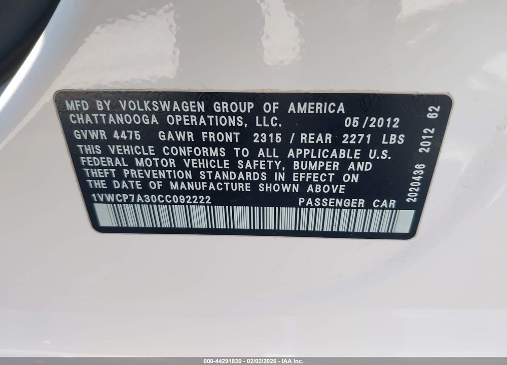 2012 VOLKSWAGEN PASSAT 2.5L SEL PREMIUM VIN: 1VWCP7A30CC092222