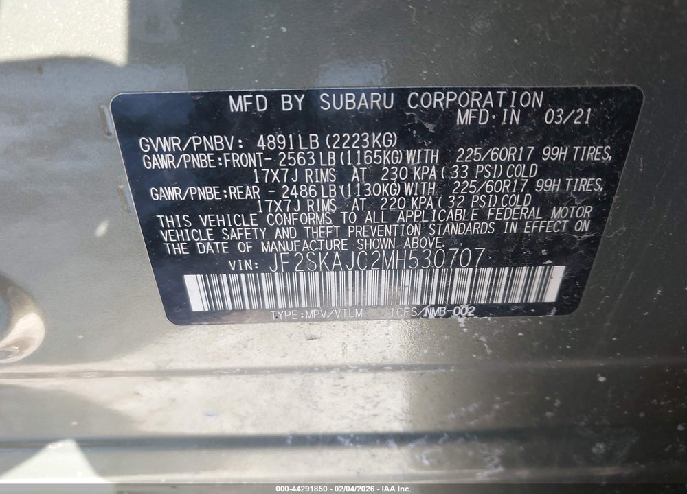 2021 SUBARU FORESTER PREMIUM VIN: JF2SKAJC2MH530707