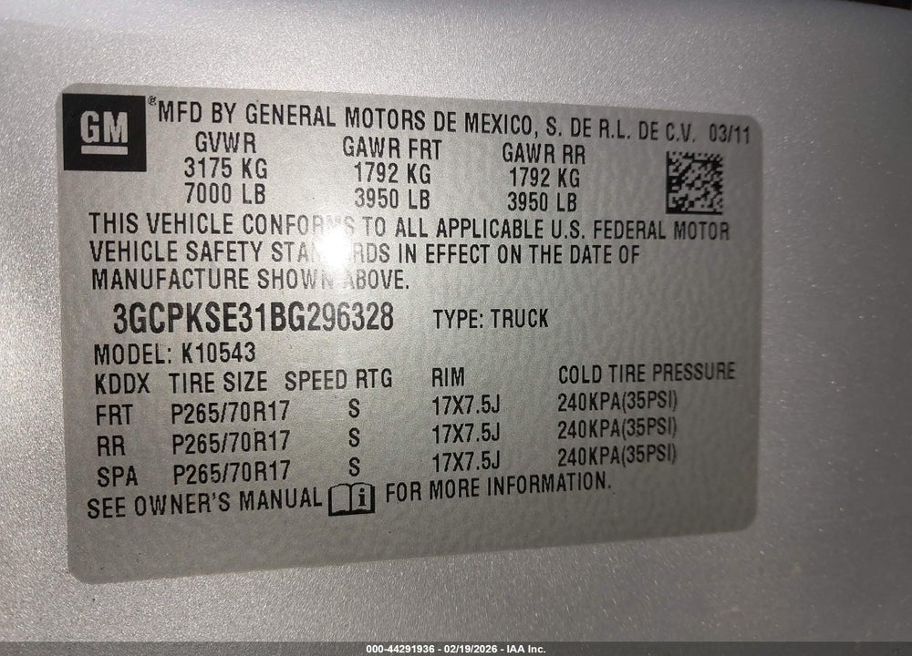 2011 CHEVROLET ALL MODELS VIN: 3GCPKSE31BG296328