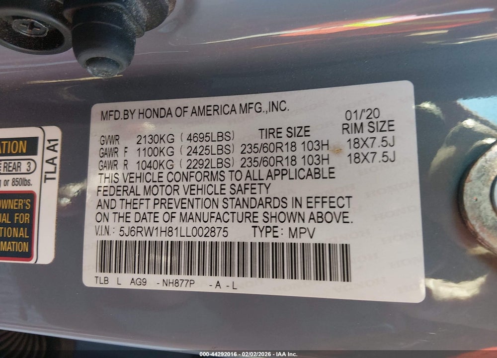 2020 HONDA CR-V 2WD EX-L VIN: 5J6RW1H81LL002875