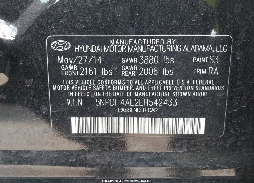 2014 HYUNDAI ELANTRA SE VIN: 5NPDH4AE2EH542433