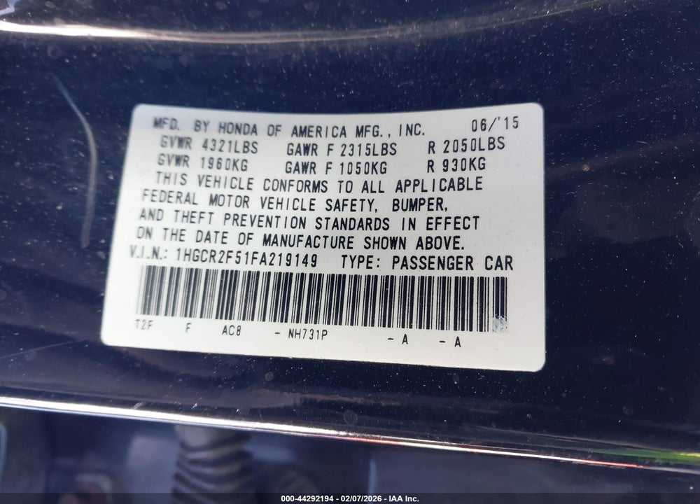 2015 HONDA ACCORD SPORT VIN: 1HGCR2F51FA219149