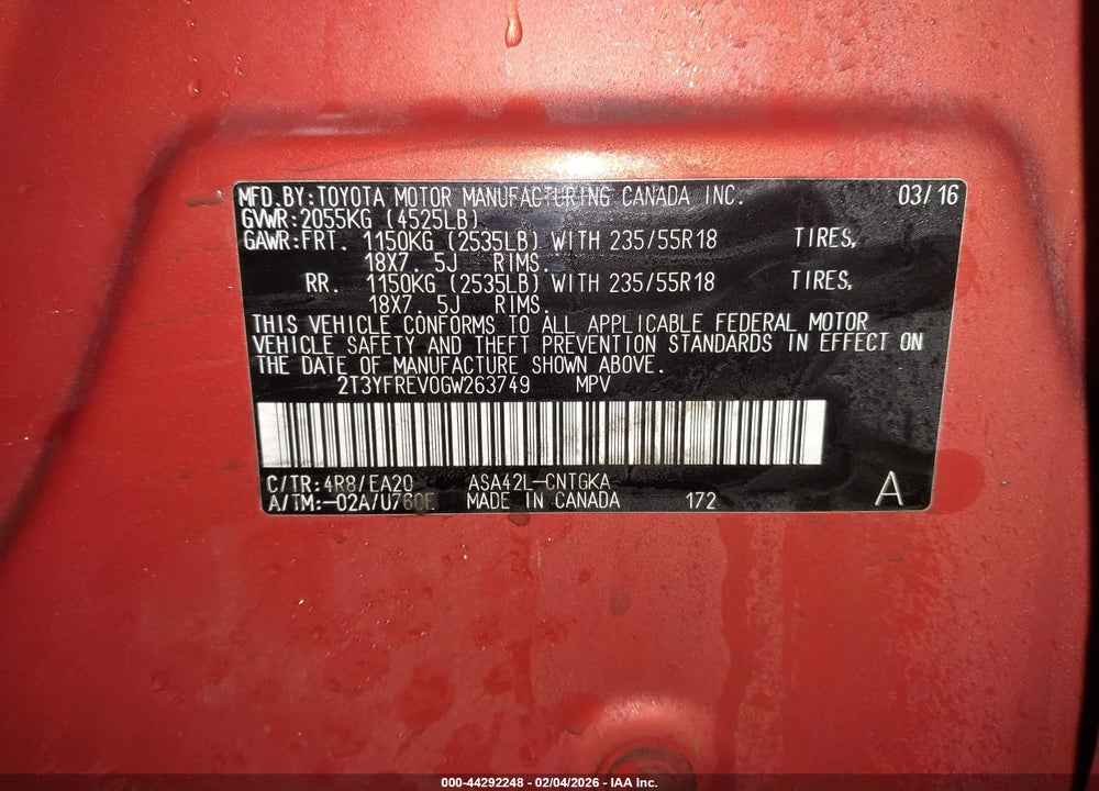2016 TOYOTA RAV4 LIMITED VIN: 2T3YFREV0GW263749