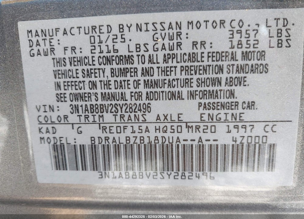 2025 NISSAN SENTRA S VIN: 3N1AB8BV2SY282496