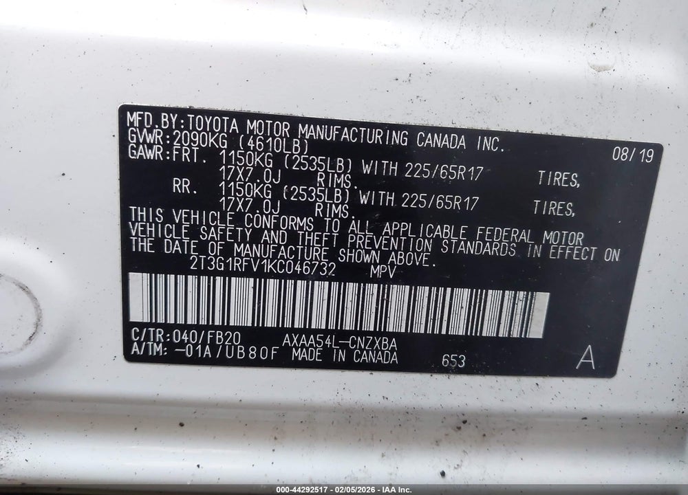 2019 TOYOTA RAV4 LE VIN: 2T3G1RFV1KC046732