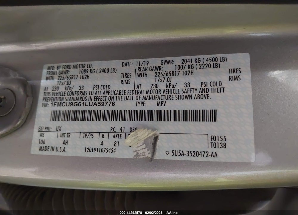 2020 FORD ESCAPE SE VIN: 1FMCU9G61LUA59776
