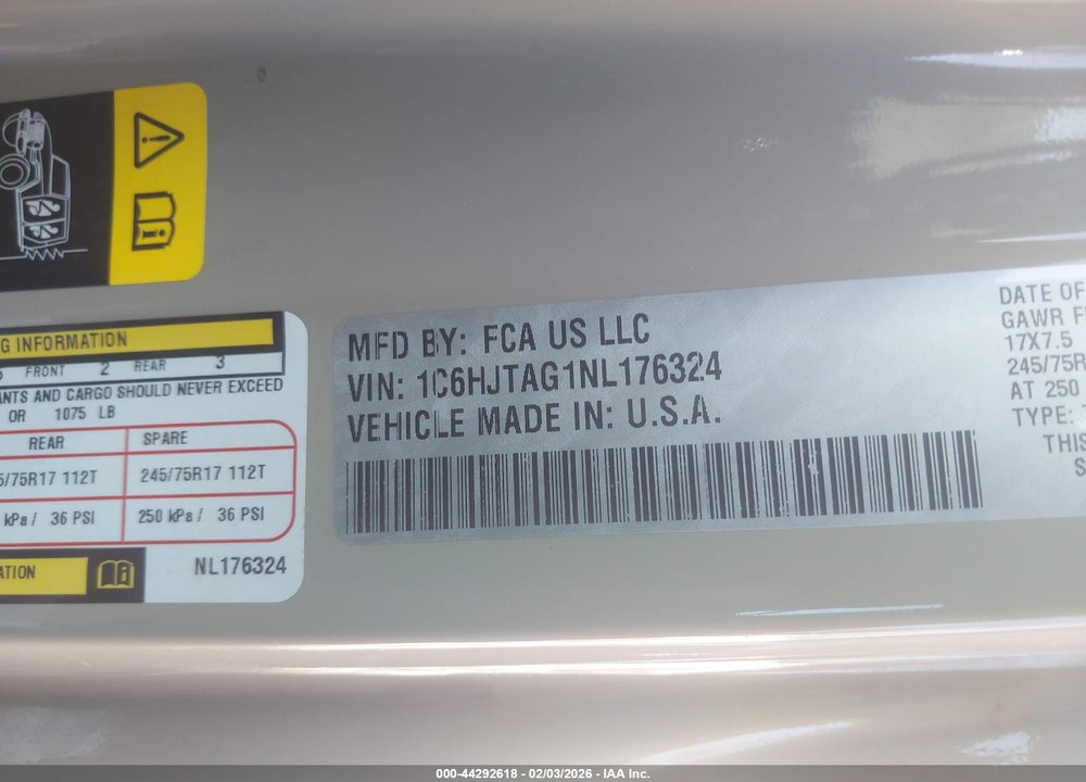 2022 JEEP GLADIATOR ALTITUDE 4X4 VIN: 1C6HJTAG1NL176324