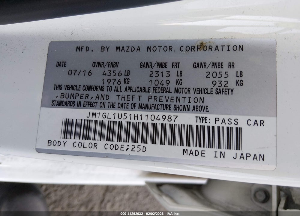 2017 MAZDA 6 SPORT VIN: JM1GL1U51H1104987