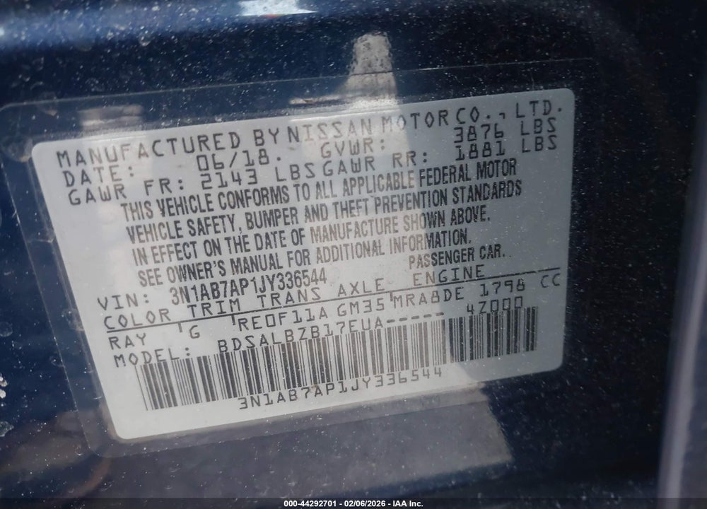 2018 NISSAN SENTRA S VIN: 3N1AB7AP1JY336544