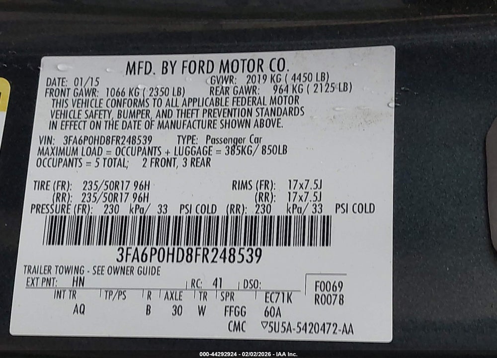 2015 FORD FUSION SE VIN: 3FA6P0HD8FR248539