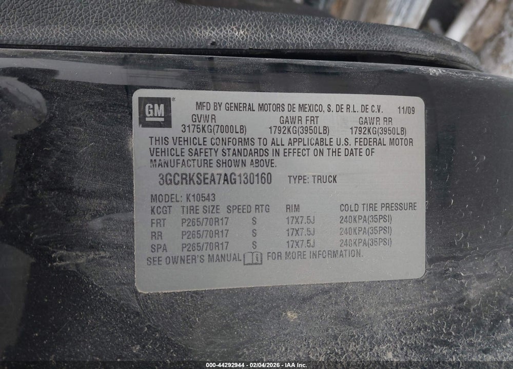 2010 CHEVROLET SILVERADO 1500 LT VIN: 3GCRKSEA7AG130160