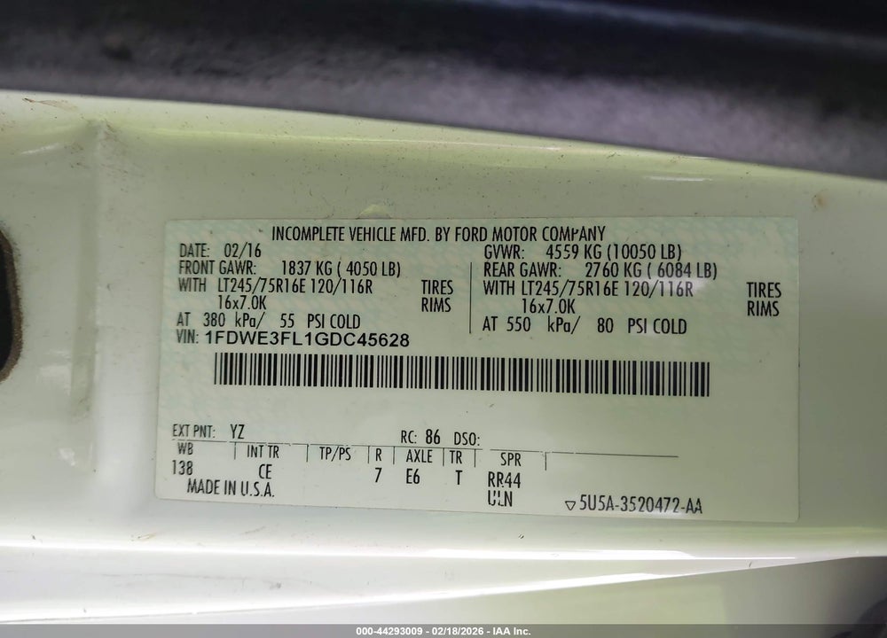 2016 FORD E-350 CUTAWAY VIN: 1FDWE3FL1GDC45628