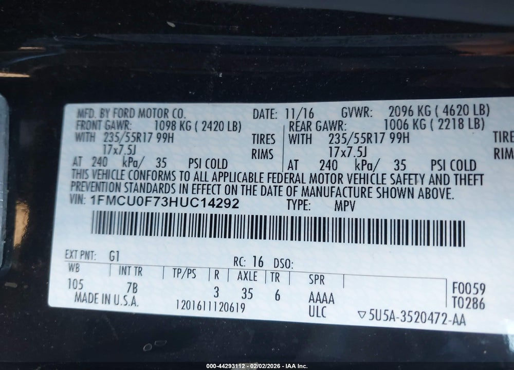 2017 FORD ESCAPE S VIN: 1FMCU0F73HUC14292