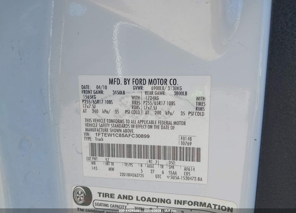 2010 FORD F-150 FX2 SPORT/XL/XLT VIN: 1FTEW1C85AFC30899