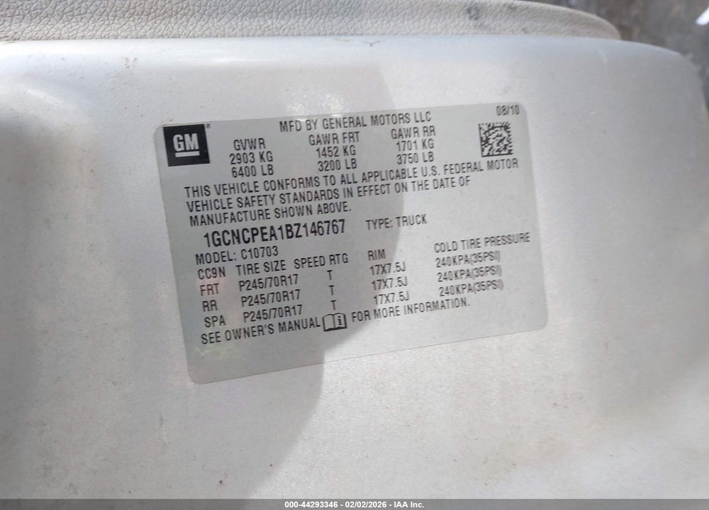 2011 CHEVROLET SILVERADO 1500 WORK TRUCK VIN: 1GCNCPEA1BZ146767