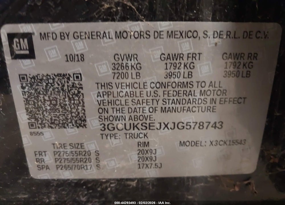 2018 CHEVROLET SILVERADO 1500 1LZ VIN: 3GCUKSEJXJG578743