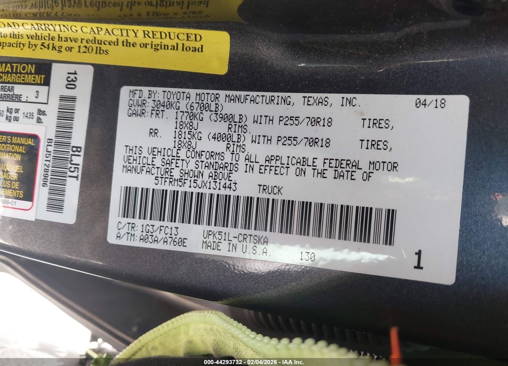 2018 TOYOTA TUNDRA SR5 4.6L V8 VIN: 5TFRM5F15JX131443