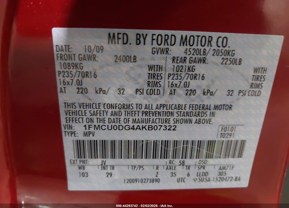 2010 FORD ESCAPE XLT VIN: 1FMCU0DG4AKB07322