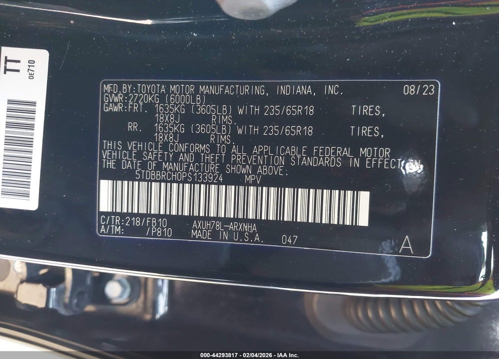2023 TOYOTA HIGHLANDER HYBRID LE VIN: 5TDBBRCH0PS133924