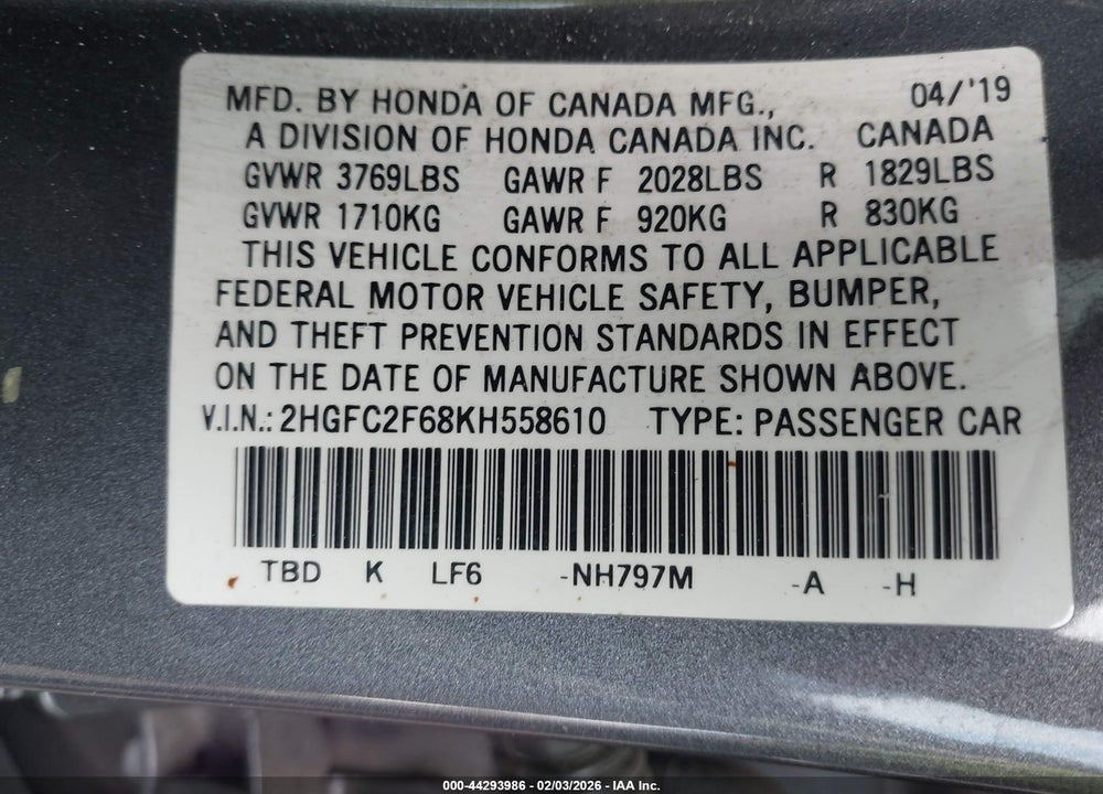 2019 HONDA CIVIC LX VIN: 2HGFC2F68KH558610