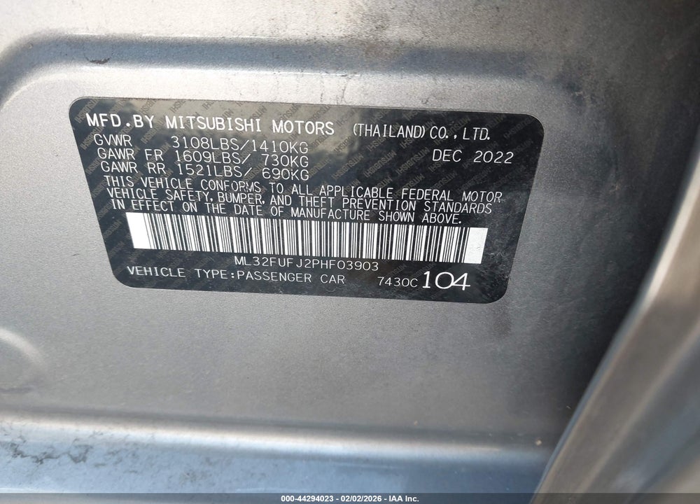 2023 MITSUBISHI MIRAGE G4 ES VIN: ML32FUFJ2PHF03903