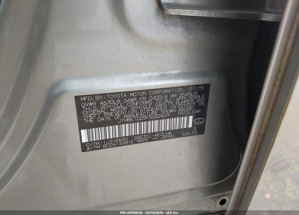 2015 LEXUS IS 350 VIN: JTHBE1D25F5022629