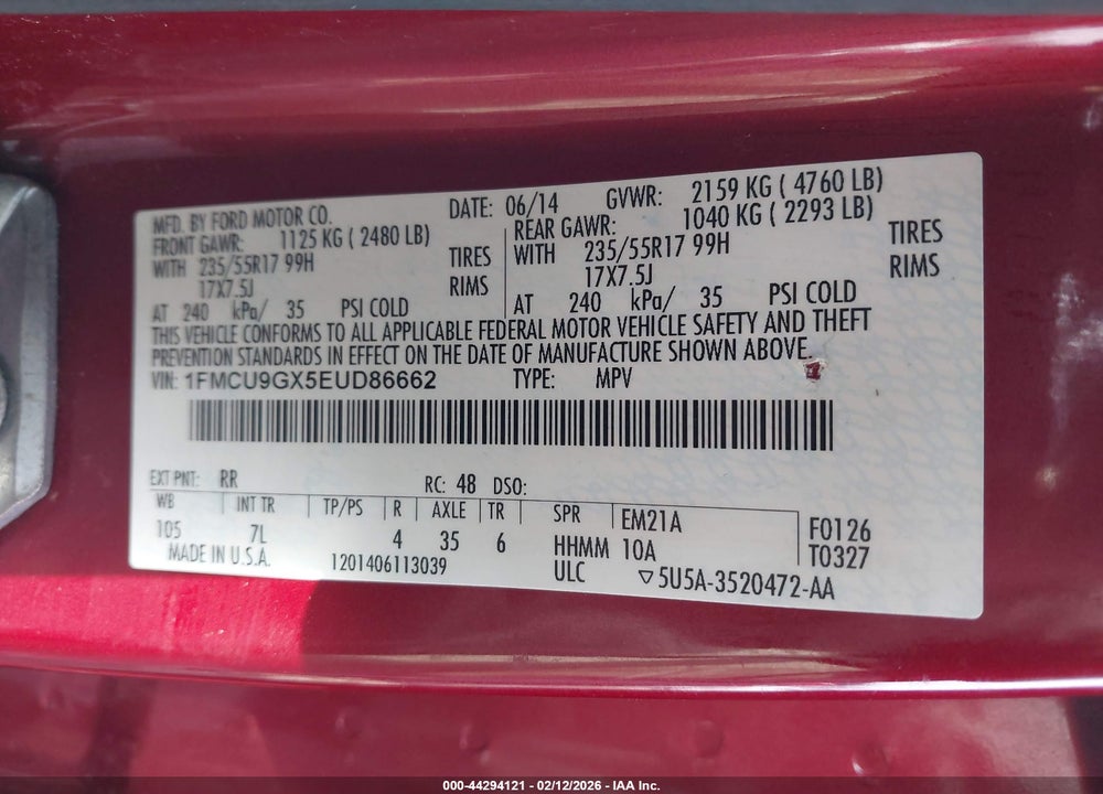 2014 FORD ESCAPE SE VIN: 1FMCU9GX5EUD86662