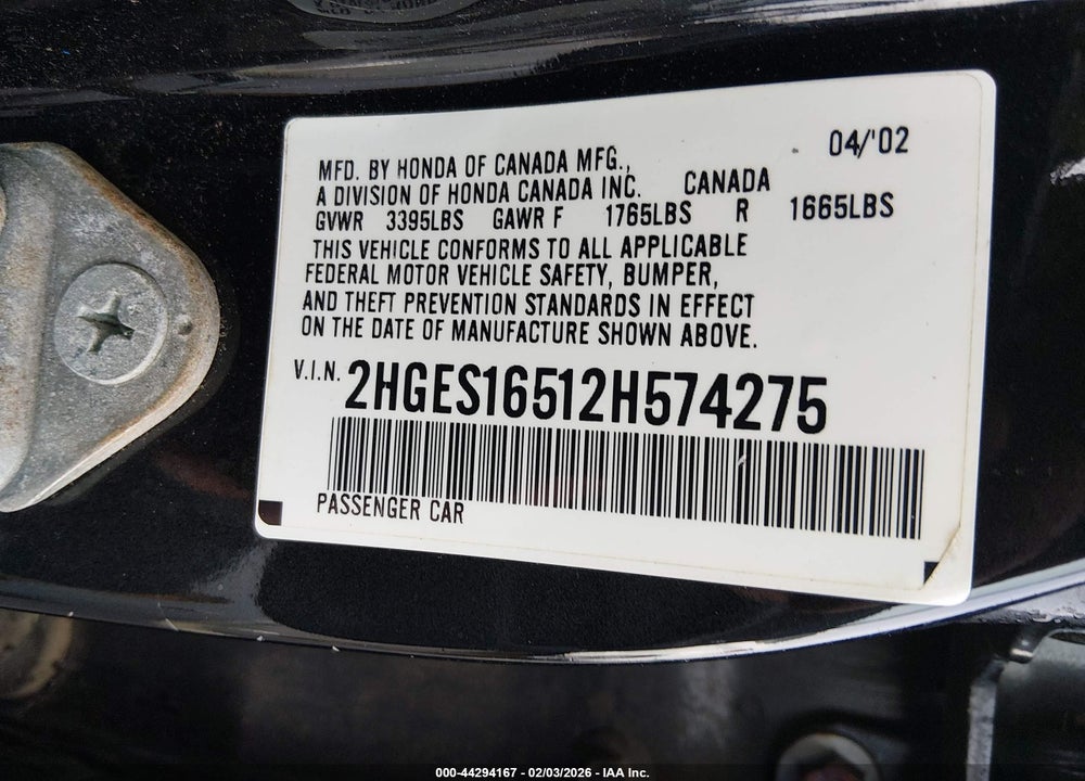 2002 HONDA CIVIC LX VIN: 2HGES16512H574275