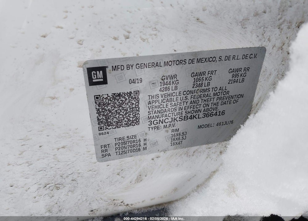 2019 CHEVROLET TRAX LS VIN: 3GNCJKSB4KL366416