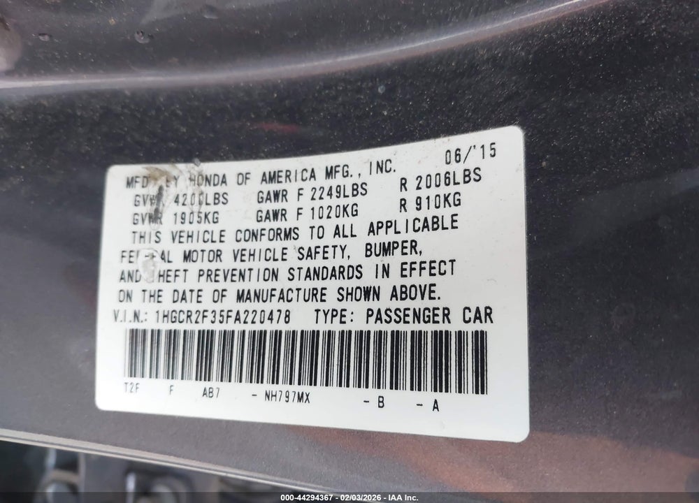 2015 HONDA ACCORD LX VIN: 1HGCR2F35FA220478