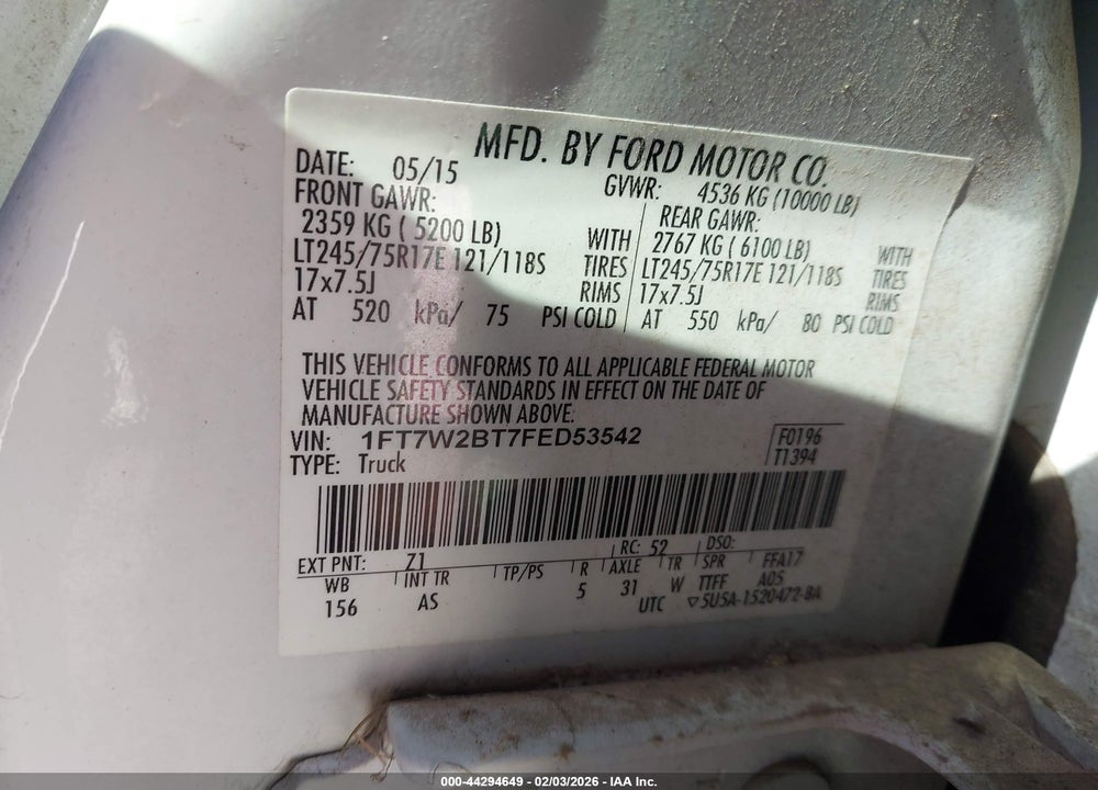 2015 FORD F-250 XL VIN: 1FT7W2BT7FED53542