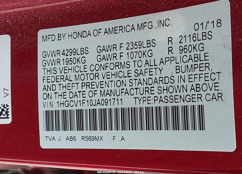 2018 HONDA ACCORD LX VIN: 1HGCV1F10JA091711