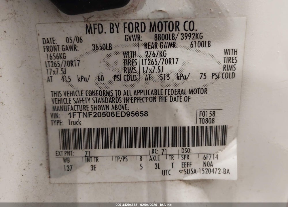 2006 FORD F-250 XL/XLT VIN: 1FTNF20506ED95658