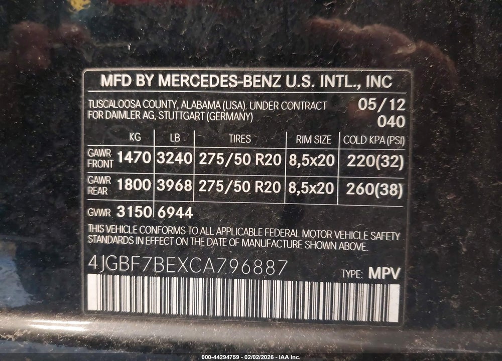 2012 MERCEDES-BENZ GL 450 4MATIC VIN: 4JGBF7BEXCA796887