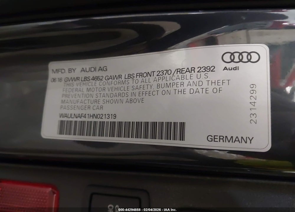 2017 AUDI A4 2.0T PREMIUM VIN: WAULNAF41HN021319