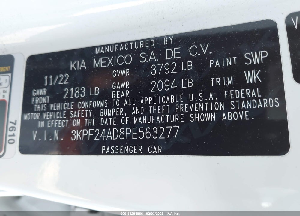 2023 KIA FORTE LXS VIN: 3KPF24AD8PE563277