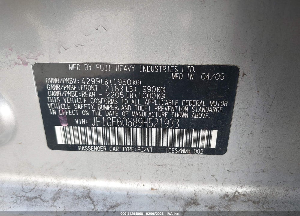 2009 SUBARU IMPREZA 2.5I VIN: JF1GE60689H521933