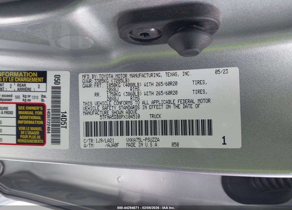 2023 TOYOTA TUNDRA PLATINUM VIN: 5TFNA5DB8PX104510