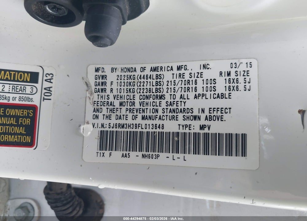 2015 HONDA CR-V LX VIN: 5J6RM3H39FL013648