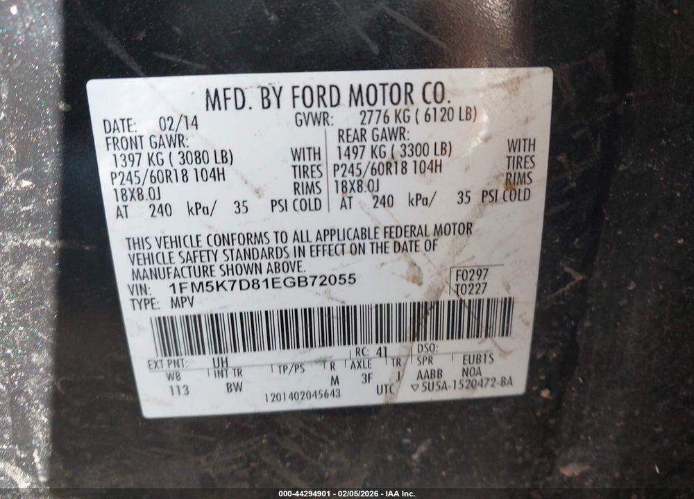 2014 FORD EXPLORER XLT VIN: 1FM5K7D81EGB72055